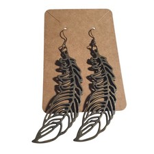 Antique Brass Feather Dangling Earrings Boho Metal Leaf Cutout Design Hook Back
