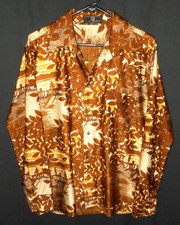 Poly Disco Shirt 70s Vintage Fishing Tree Leaves Van Heusen Men's L