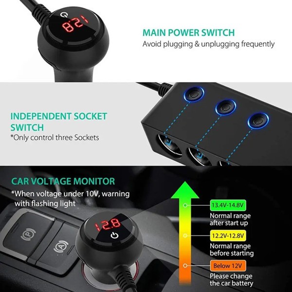 Car Charger Splitter 200W 3 Socket Cigarette Lighter Adapter with PD30W USB-C Mu