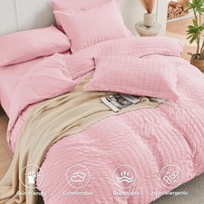 Queen Comforter Set Seersucker 7 Pieces with Sheets Pillowcases Shams Pink