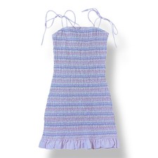 Storia Smocked Striped Gingham Ruffled Mini Dress Size M Preppy Flirty