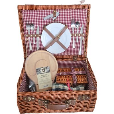 Wicker Picnic Basket for 2 Gingham Line Chz Slicer Plates Cutlery glasses linens