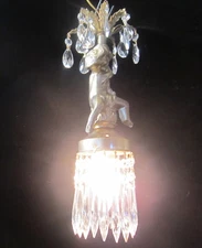 Cherub hanging Lamp metal pendant Chandelier Crystal prisms tole vintage gold
