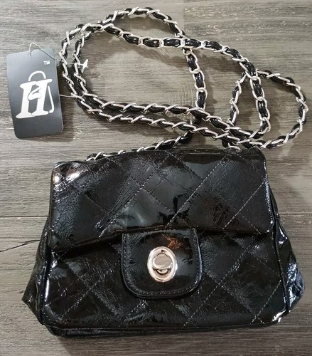 Black Faux Patent Leather Silver Tone Crossbody New