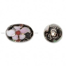 4 Gold Plated Black Pink 18x12mm Oval Cloisonn  Beads with 1.8-2mm Hole 
