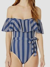  227 Splendid Women Blue White Striped Ruffled Off Shoulder Tie One Piece Size S