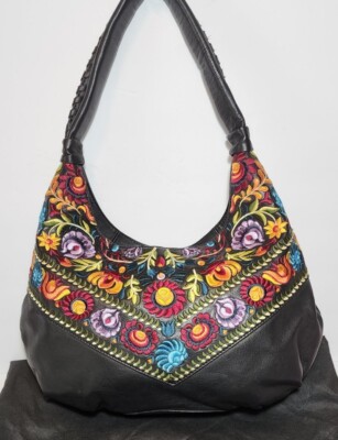 ISABELLA FIORE RACHEL SOFT BLACK LEATHER FLORAL EMBROIDERED SHOULDER BAG $395