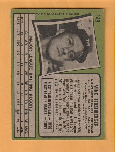 Mike Hershberger Milwaukee Brewers 1971 Topps #149 Cincinnati Bearcats - Imagen 2 de 2