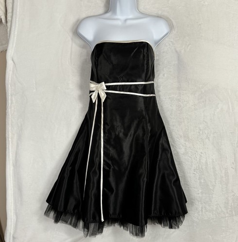 Vintage Gunne Sax Black Satin Strapless Dress Size 3/4 Bow Tulle Prom Party - Picture 18 of 21