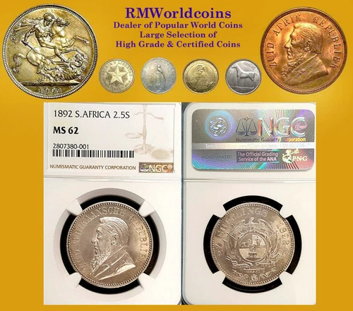 South Africa 1892 2 1/2 Shilling, Superb, NGC 62 PQ +++, Sharp/Luster Ext. Rare.