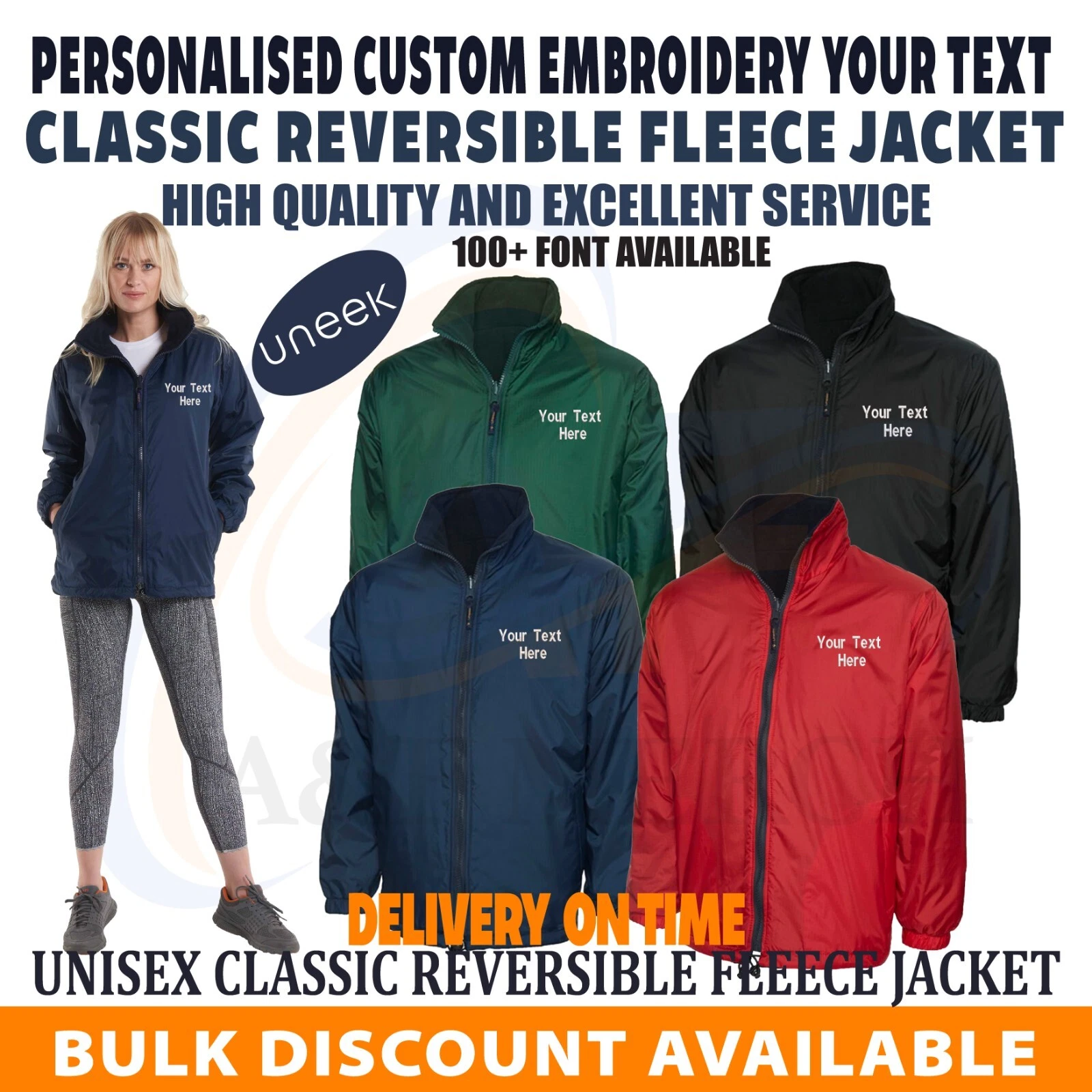 Personalised Custom Embroidered Your Text UNEEK Premium Reversible Fleece Jacket