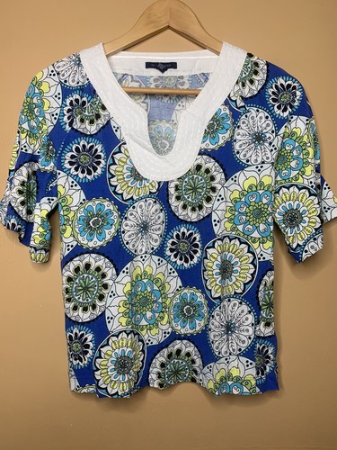 Tommy Hilfiger Women Size Small Blouse V Neck Geometric Multicolor Short Sleeve - Picture 2 of 12