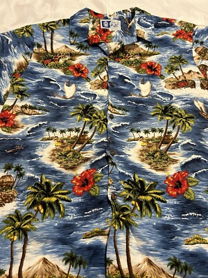 Vintage Hawaiian Shirt Styled by RJC Ltd Floral & Island Scenes Luau Party Sz XL