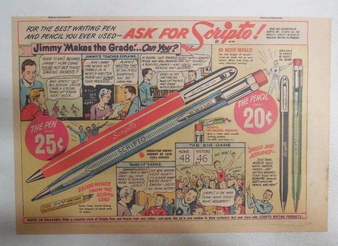 Scripto Pens &amp; Pencils Ad: Jimmy Makes The Grade ! from 1940&rsquo;s 