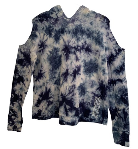 Justice Girls Hoodie Sweatshirt Blue Tie Dye Cold Shoulders Logo Size 18/20 - Picture 11 of 12