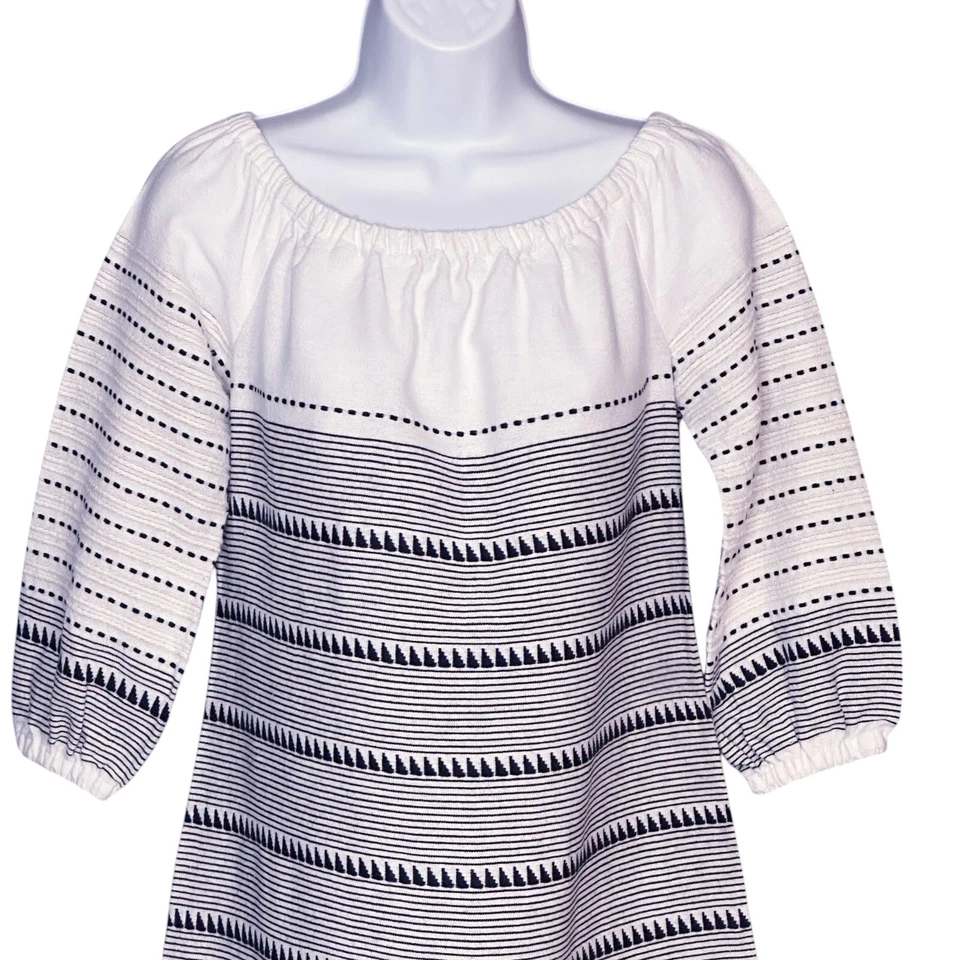 Vestido recto EE Etcetera talla 4 algodón azul marino a rayas cuello elástico fuera del hombro Foto 3 de 4