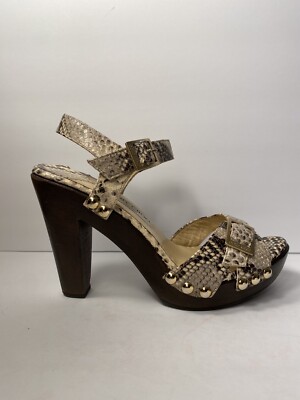 Jimmy Choo Snake Embossed Mules Heels Sandals Wooden Platform