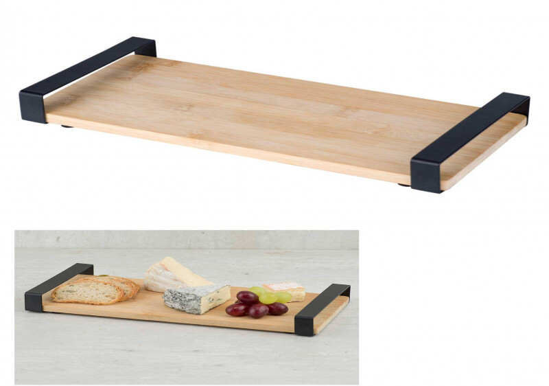 Contemporary Acacia Wood Serving Tray Charcuterie Tapas Board Black Handles