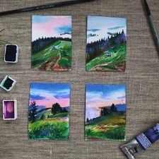 ACEO Original watercolor 4 paintings landscape mountains Art