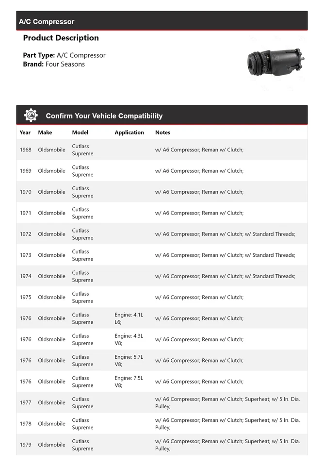 Compresor de aire acondicionado Oldsmobile Cutlass Supreme 1968-1979 4 estaciones 1969 1970 1971 Foto 2 de 4
