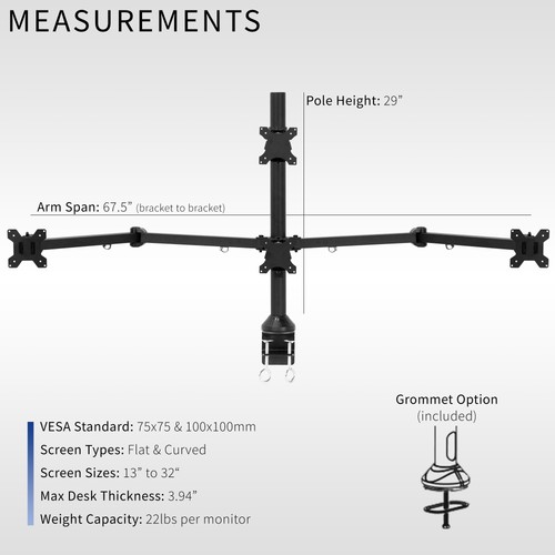 VIVO Steel Quad Monitor Desk Mount Adjustable 3 + 1 Stand | 4 Screens up to 32" - 第 3/8 張圖片