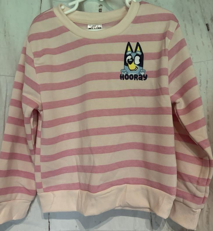 Bluey Girls Pink Beige Striped, Hooray Patch Fleece Pullover Sweatshirt, 5T