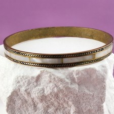 Vintage Gold Tone White Shell Look Inlay Bangle Bracelet Rope Border Boho Chic