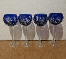 4 Cobalt Blue 9.5" Bohemian Cut to Clear Crystal Glass Wine Hock Glasses Goblets