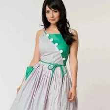 Unique Vintage 1950s Barbie Pink & Green Striped Hamilton Buttons Swing Dress XL