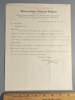 1907 DR. CARL RACH & GRUPE DRIER & BOILER CO. LETTER RE: OLD COLONY BREWING CO.