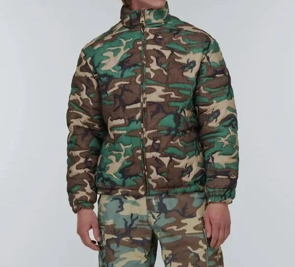 ERL Unisex Green Camo Woven Quilt Puffer Coat Size S