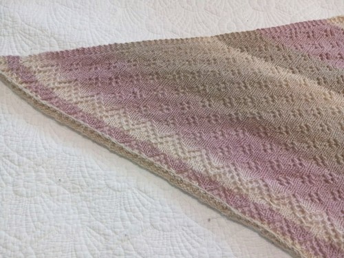 Lovely Hand Knit Triangle Hap Style Small Lace Shawl Pink Tan Wool 49 x 21" - Picture 5 of 12