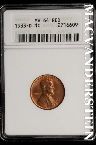 1933-D Lincoln Wheat Cent-ANACS MS 64 RED Gem BU No Reserve #SLL554