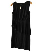Ann Taylor Black Knit Dress 4 S Ruffle Waist Stretch Sleeveless Knee Length NEW