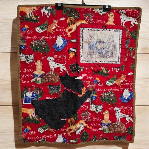 Handmade 1988 Artist Signed Mischievous Dogs Cats Christmas Quilted Wall Hanging