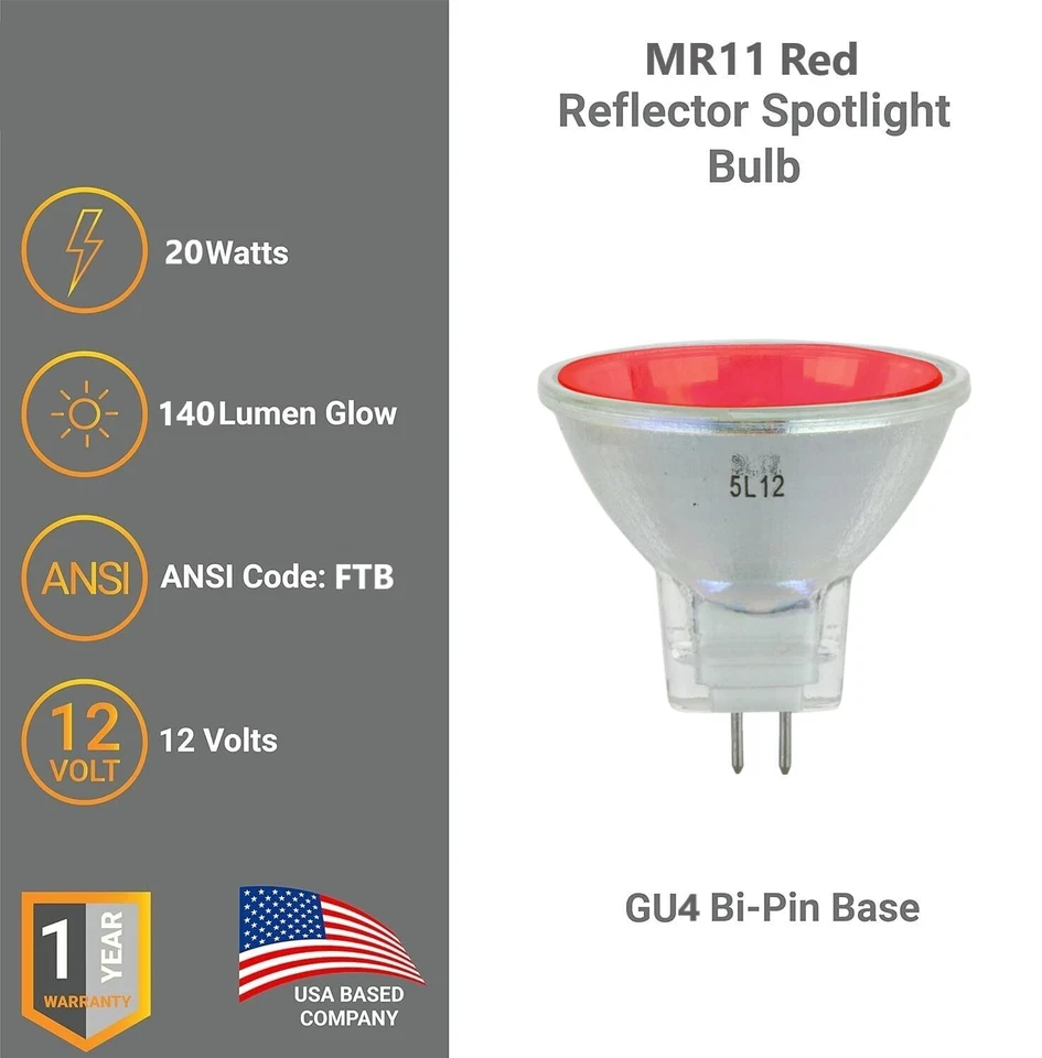 6Pack MR11 Red Light Bulb, GU4 Mini Reflector with Cover Glass, 20W, 10° - Image 2 of 4