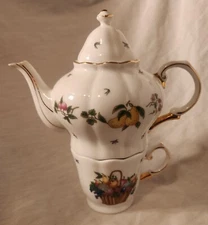 3 Piece Stackable Tea Pot with Lid & Teacup • Fruits & Fruit Basket Pattern 