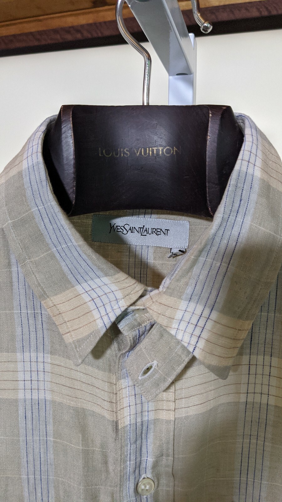 Camicia Yves Saint Laurent primavera 2007 lino a quadretti doppia tasca cinturino collo 41 16