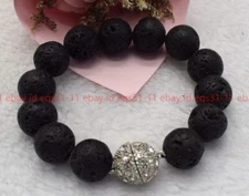 Stunning Natural 14mm Black Lava Rock Round Gemstone Beads Bracelet 7.5 Inch