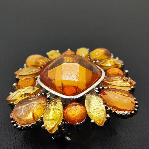 Art Deco Inspired Orange Rhinestone Brooch Pin Plastic Square Motif - Picture 8 of 24