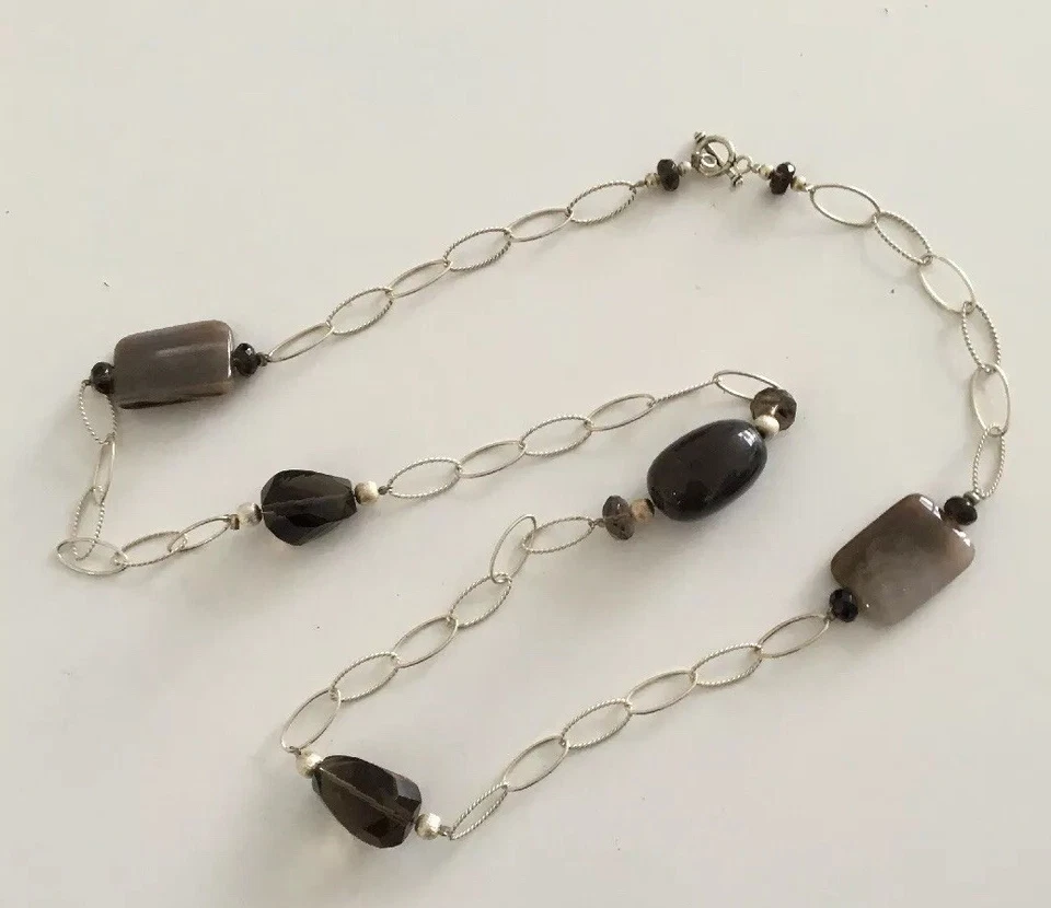 COLLAR VINTAGE DE PLATA ESTERLINA 925 MACIZA CONCHA DE TOPACIO DE CUARZO AHUMADO Foto 4 de 4