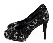 NIB 23K $2550 CHANEL BLACK SILVER STRASS SUEDE  KIDSKIN HIGH HEEL PUMPS 41