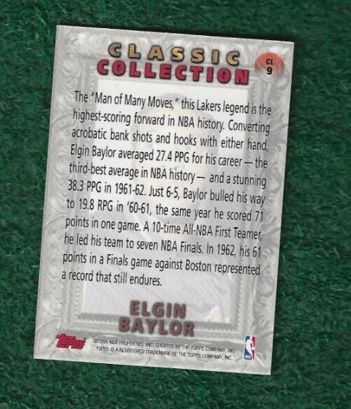 ELGIN BAYLOR - NBA HOF - 1998-99 TOPPS - CLASSIC COLLECTION - INSERT CARD # CL9 - Image 2 of 2