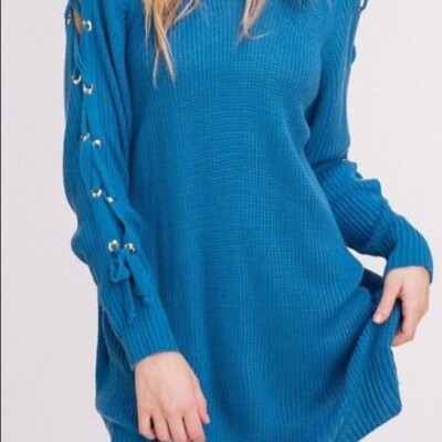 Blue Sweater Pull Over Sweater Dress Lace Up Sleeve by Listicle Knit Dress  NWT | eBay