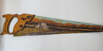 Vintage Hand Painted Hand Saw Rustic Old Cabin Scene Signed 1983