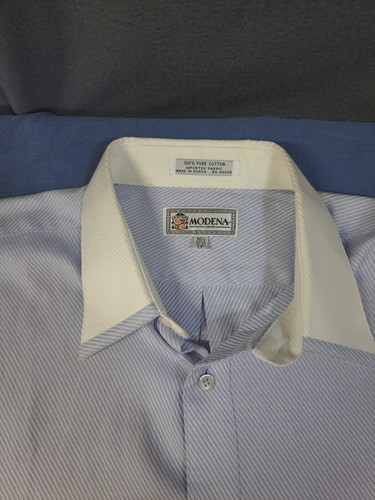 Modena white classic long sleeve dress Shirt men's 16 36/37 White/Blue Pinst - Picture 3 of 7