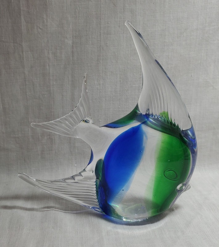 Hand Blown Art Glass Fish Clear, Blue And Green Almost 5-1/2" Tall