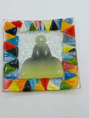 Fused Art Glass Trinket Dish Square Mosaic Triangle Border Lady in Center