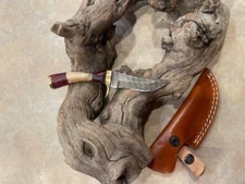 Sweet Mini Stag Horn Damascus Bowie knife in leather sheath  