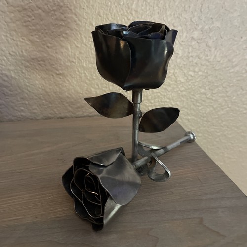 2 Piece Handmade Metal Rose Art Sculpture METALWORK free standing. Recycled Art. - Picture 11 of 14